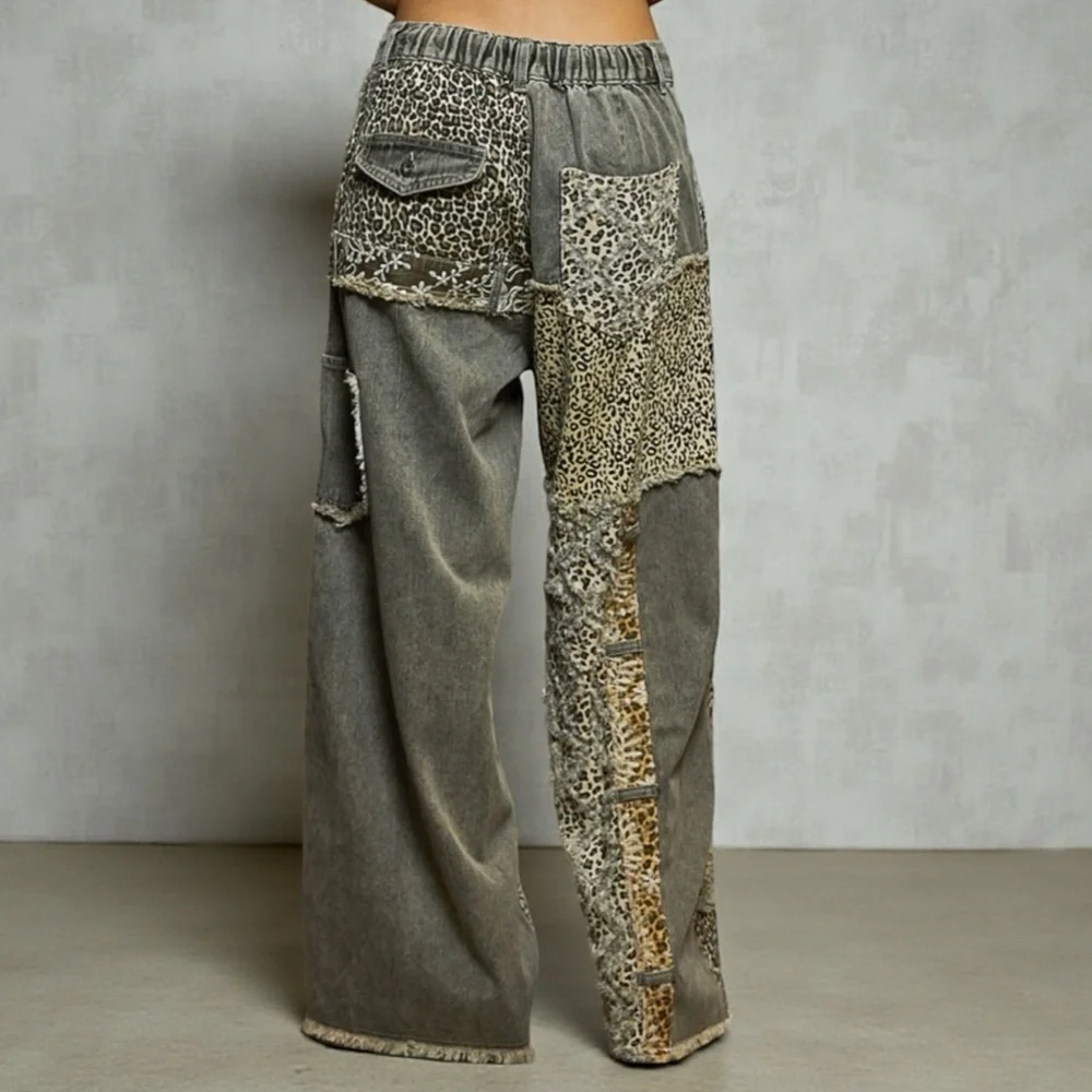 POL Women’s Printed Patchwork Leopard Denim Pants Gray/seafoam green Size Small - Picture 4 of 15